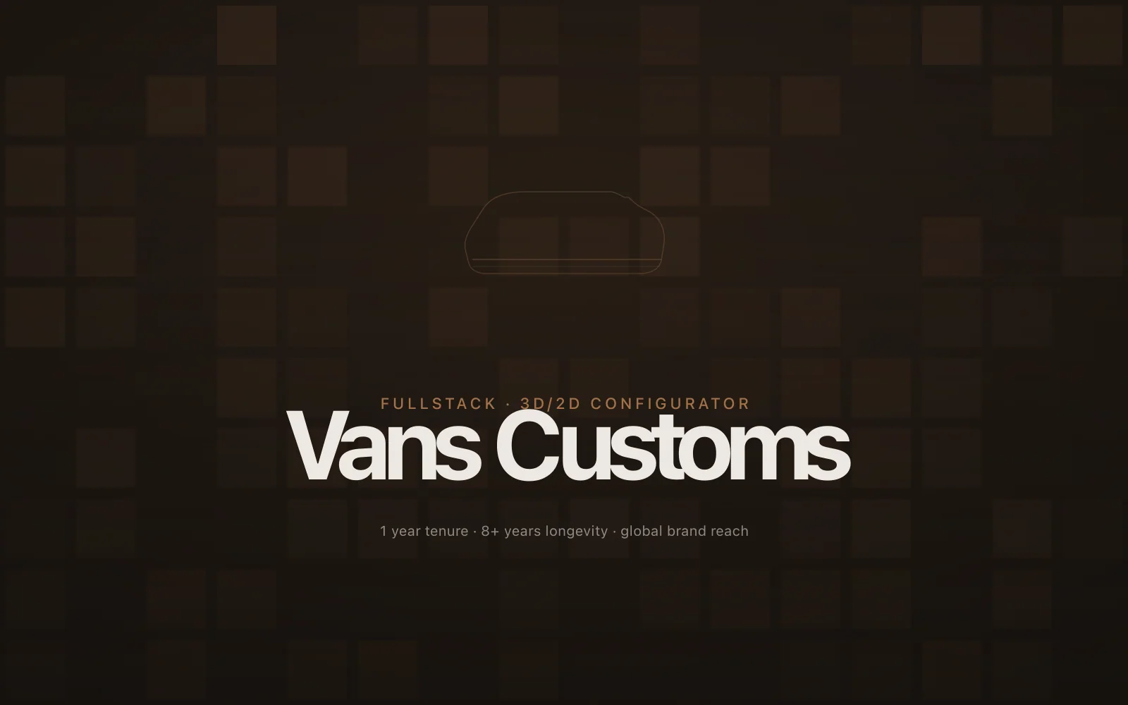 Editorial dark composition with a subtle sneaker side-profile silhouette over a customizer swatch grid and the Vans Customs wordmark.